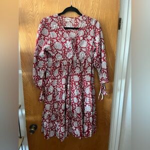 Karni 100% cotton Chic Red and White bagru Floral Batik Midi Dress